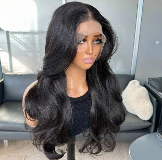 Natural Black Curtain Bangs Human blend Lace Front Wig