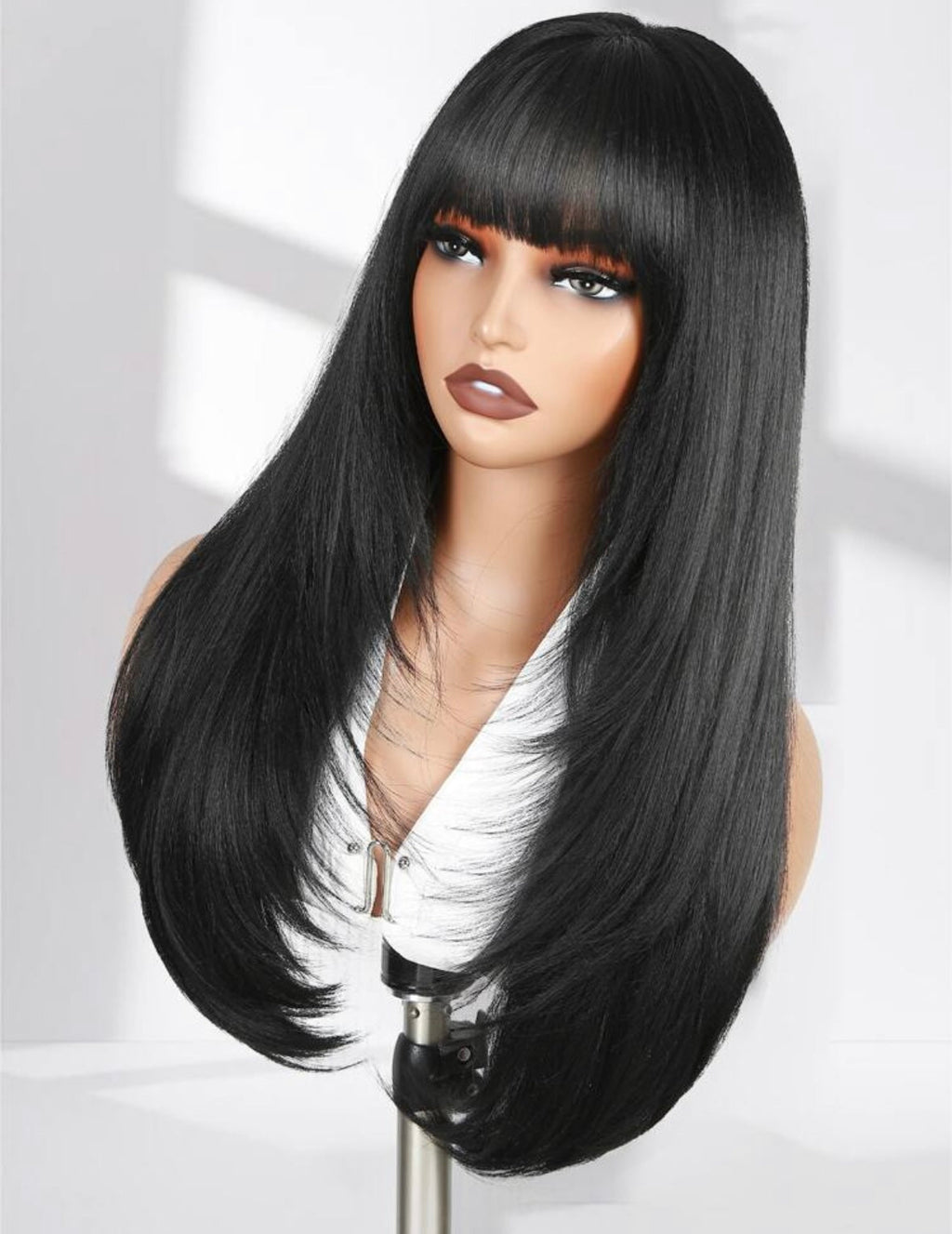 Glueless black wig with bangs